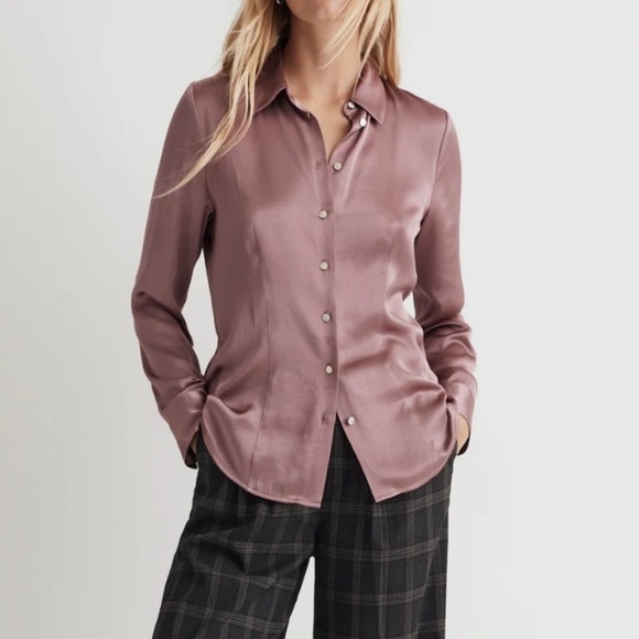 Madewell Darted Button-Up Shirt in Satin Woodrose pink size 00 NWT NN947 - Picture 1 of 14
